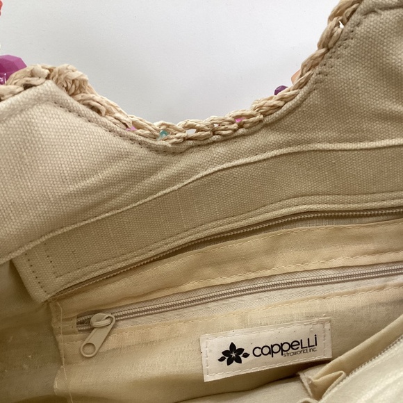 Cappelli Straworld Purse Handbag Round Beaded Jewel Handles Beige/Gold Lined - Picture 8 of 14